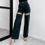 PICSGIRL  -  Fashion Sparkle Bead Straight Jeans Simple Elegant Hollow Wide Leg Loose Denim Pants Women High Waist Office Trousers