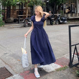 PICSGIRL  -  2024 New Navy Blue Fashion Short Sleeve Backless A-line Club Party Sexy Dress Elegant Square Collar Pleated Mini Dress For Women