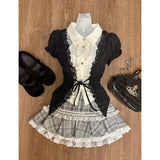 PICSGIRL  -  Ballet Style Sweet Witch Black Waist Slimming Lolita Shirt Grey Splicing Lace Plaid Short Skirt Set Two Piece Set Women Outfits