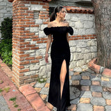 PICSGIRL  -  layered look inspo Off Shoulder Solid Women Dress Sleeveless Backless Split Lady Dresses Fashion Wave Cut Evening Party Female Maxi Vestidos