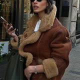 PICSGIRL  -  Vintage Lapel Lambwool Brown Jackets Women Elegant Casual Plush Single Breasted Warm Coat Female Winter Versatile Street Outwear