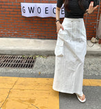 PICSGIRL  -  2024 New Fashion Straight Slit Casual Sold Color Women Summer Long Skirt Button Drawstring Sportwear Streetwear Cargo Skirts