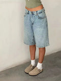 PICSGIRL  -  Loose Women's Knee Length Denim Shorts Fashion Solid Color Low Rise Streetwear Wide Leg Long Shorts with Pockets Summer