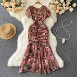 PICSGIRL  -  Casual Summer V Neck Butterfly Sleeve Print Robe Slim French Style Vintage Bodycon Mujer Mermaid Drawstring Lace Up Dress