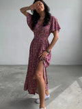 PICSGIRL  -  Fashion French Style Women Summer Flower Printed Dress Elegant V-Neck Lace-up Sundress Short Sleeve Vestidos