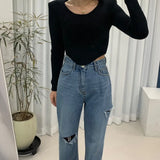 PICSGIRL  -  Korean Fashion Style High Waist Slim Asymmetrical Tear Ragged Edge Straight Tube Floor Dragging Denim Pants for Women