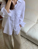 PICSGIRL  -  Casual Solid White Cotton Women Blouse Simple Fashion Button Lapel Lady Shirts Female Pocket Loose Basic Long Sleeve Top 2024