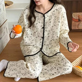 PICSGIRL  -  Autumn And Winter Air Sandwich Cotton Pajamas Women Cardigan Long Sleeve Trousers New Cartoon Sketch Rabbit Cute Homewear Sets