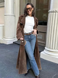 PICSGIRL  -  Female Retro Jacket Elegant Brown Belted Waist Long Coat Double Breasted High Street Autumn Fashion Full Sleeve Outwear