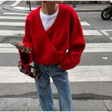 PICSGIRL  -  Loose Casual Red knitted Sweater Female 2024 Fashion Autumn Winter Long Sleeve Pullovers V Neck Splice Women's Solid Top