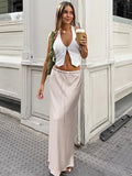 PICSGIRL  -  Satin Maxi Skirts For Women Solid Color Bandage A-Line Loose 2024 Summer Fashion Long Skirts Female New Casual Clothes