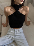 PICSGIRL  -  Cross-Chest Off-shoulder Knitwear Vest Top For Women Summer Hot Girl Slim Sleeveless Twist Navel Short Top Y2K Pullover