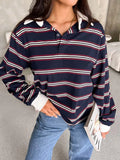 PICSGIRL  -  2025 Spring New Striped Contrast T-shirt Women Buttons Turndown Collar Long Sleeve T-shirts Vintage Casual Fashion Top Tee Shirt