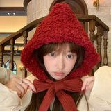 PICSGIRL  -  Lamb Wool Beanies for Women Winter Plush Warm Pullover Hats Thickened Windproof Ear Protection Cap Red Steeple Christmas Bonnets