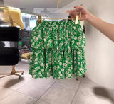 PICSGIRL  -  2024 Spring Summer New Fashion Versatile Green Floral Print A-line Short Skirt Elasticc High Waist Chic Cake Skirt For Women