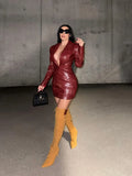 PICSGIRL  -  Women Sexy Deep V Red Lattice Leather Mini Dress Fashion Long Sleeve High Waist Fold Slim Dresses Lady New Highstreet Short Robe