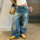 PICSGIRL  -  Vintage Oversized Blue Jeans Woman Y2k Casual America Retro Baggy Denim Pants Basic Harajuku Wide Leg Trousers Summer