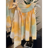 PICSGIRL  -  Tie-dye Print Lace-up Tank Top And Shorts Set Round Neck Summer Vest Shorts Yellow Vacation Casual Loose Women Outfits 2024 New