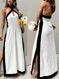 PICSGIRL  -  Casual Halter Patchwork Panelled Women Beach Dress Backless Sleeveless Hollow Out Side Split Female Dresses 2024 Chic Lady Robe