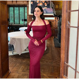 PICSGIRL  -  Sexy Solid Women Halter Dress Off Shoulder Long Sleeve Backless Slim Female Maxi Dresses 2025 Spring New Chic Elegant Lady Robe