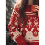 PICSGIRL  -  Women Autumn Winter Fashion Loose Red O-neck Long Sleeve Christmas Knitwear Women Clothes Trend All-match Sweet Knitting Tops