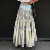 Picsgirl -  Autumn New Women's Niche Design Silver Metallic High Waist Mid-Length Cake Skirt Vestidos