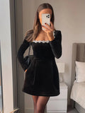 PICSGIRL  -  Women Black Rhinestone Decor Velvet Mini Dress Elegant Square Neck Long Sleeve High Waist A-line Dresses Lady Evening Party Gown