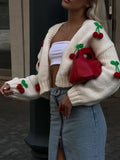 PICSGIRL  -  Sweet 3d Cherry Embroidery Cropped Knitted Cardigan 2024 Autumn Women Elegant Long Sleeve Short Sweater Female Chic Streetwear