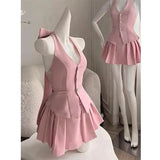 PICSGIRL  -  Fashion Pink Skirt Set Summer New Backless Bow Halter Top Spicy Girl Slim Tank Top Pleated Skirt Two Piece Set Women Outfits