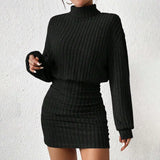 PICSGIRL  -  Casual Fitting Slim Plain Knitted Sweater Dress Women's Long Sleeve High Neck Solid Slim Mini Dresses High Street Vestidos Dress