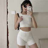 PICSGIRL -  Summer two piece sets womens outifits knitted crop top and shorts sets sexy two piece set women vests and short sets for women