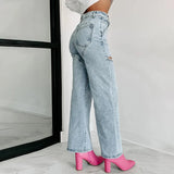 PICSGIRL  -  Fashion Sparkle Bead Straight Jeans Simple Elegant Hollow Wide Leg Loose Denim Pants Women High Waist Office Trousers