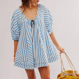 PICSGIRL  -  Women's Y2K Summer Casual Boho Jumpsuit Batwing Half Sleeve Tie Up Round Neck Striped Loose Wide Leg Playsuits