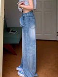 PICSGIRL  -  Y2k Vintage High Waisted Blue Washed and Distressed Jeans Women American Retro Streetwear Harajuku Baggy Trousers 2000s