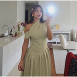 PICSGIRL  -  Elegant Off Shoulder Pleated Dress Women Fashion O Neck Short Sleeve Patchwork Long Dresses 2024 New Casual Office Lady Robe