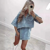 PICSGIRL  -  Fashion Casual Denim Skirt Women Set Short Skirt 2024 Summer New Turn Down Collar Short Sleeve Pullovers Top+Skirt Two Piece Set