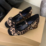 PICSGIRL  -  Leopard Print Square Toe Bow Mary Jane Shoes Woman Fashion Pumps Female Casual Chunky Heel Ballet Shoe Designer High Heels Women