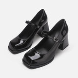 PICSGIRL  -  New Chunky Mary Jane Heels Pumps Fashion Vintage Patent Leather High Heels Female Square-toed Black Lolita Platform Shoes Womens