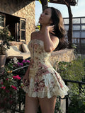 PICSGIRL  -  Sweet 2Piece Set Women Flower Print Single-Breasted Metal Buckle Wrap Mini Top+Patchwork Lace Folds Skirt Matching Suits