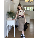 PICSGIRL  -  Korea Vintage Long Plaid Skirt Women High Waist A-line Fashion Preppy Midi Pleated Skirt School Uniform