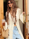 PICSGIRL  -  Knitted Hollow Flare Sleeve Long Cardigan Women Elegant Loose V-Neck Long Sleeves Singled-Breasted Coats Female Casual Outwear