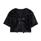 PICSGIRL  -  Elegant Sequin Women Cardigan Coat O Neck Hollow Out Bow Tied Shinny Short Top Female Long Sleeve Fashion Highstreet Outerwear