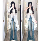 PICSGIRL  -  Chiffon Fashion Outfits 2 Piece Skirt Set Gyaru Chic Sexy Spaghetti Strap Dress + Beige Long Tops Ruched Mori Girl Simple 2024