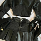 PICSGIRL  -  Y2K Harajuku Gothic Leather Jacket Casual Skirts Gothic Fashion Leather Patchwork Two Piece Clothing gothic Women Hot Sweetheart