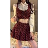 PICSGIRL  -  Korean Kawaii Three Piece Set Women Lace Lolita Sweet Party Mini Skirt Set Female College Style Vest + Elegant Skirt Suit