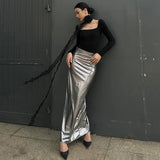 PICSGIRL  -  Y2K Lady Metallic Silver PU Leather Long Skirts Low Elastic Waist Maxi Skirts Summer Party Women Sexy Metallic Color Slim Skirts