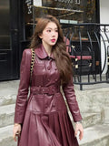 PICSGIRL  -  Autumn New Retro Red French High end Hepburn Style Polo Neck Leather Dress for Women Waist Slimming A-line Pleated Mini Dress