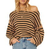 PICSGIRL  -  Stripe Oversized Striped Sweater for Women Round Neckline Long Sleeves Drop shoulder Jumpers Tops Loose Oversized fit Pullovers