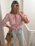 PICSGIRL  -  Chic Double Layered Doll Collar Striped Lace Up Shirt For Women Casual Long Sleeve Loose Crop Top Fashion Lady Streetwear Blouse