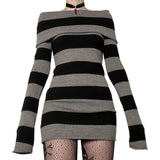 PICSGIRL  -  Striped Knitted Sweater Mini Dress 2024 Fall Winter Women Boat-neck Off Shoulder Long Sleeve Bodycon Casual Dresses Party Outfit